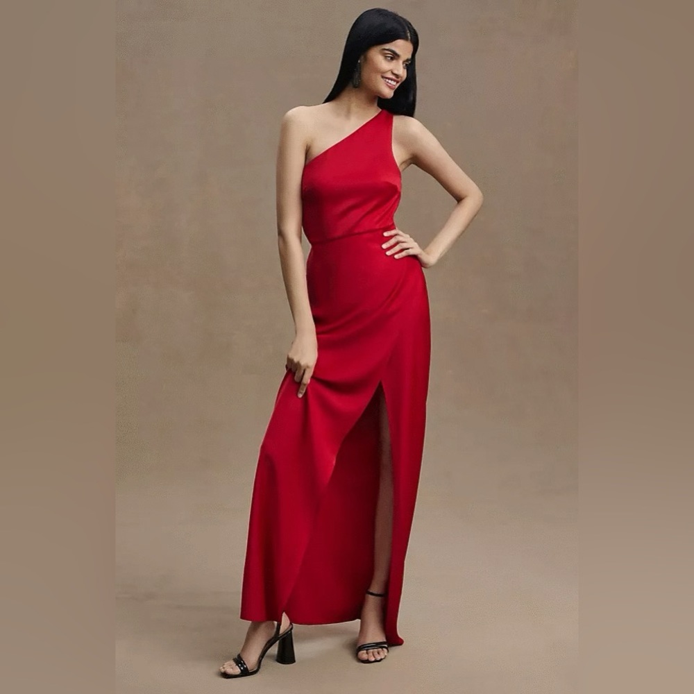 BHLDN Dylan One Shoulder Satin Side Slit Midi Dress Red